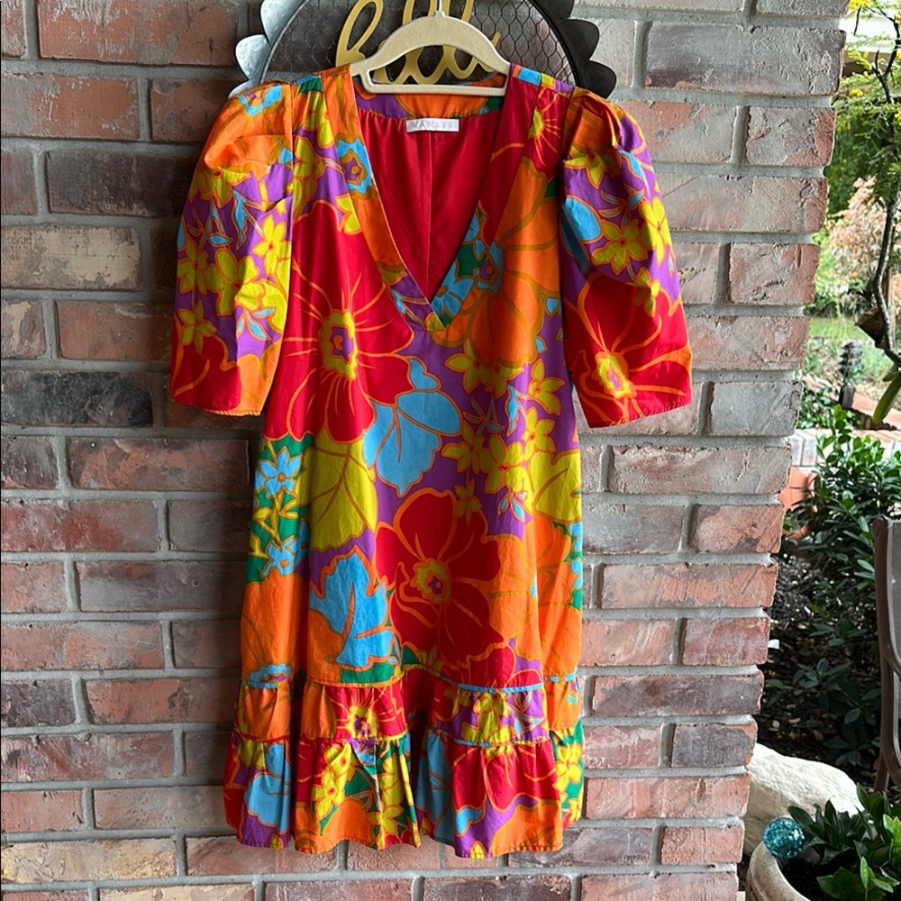 Karlie Orange and Blue Tiered Midi Dress with Puff Sleeves